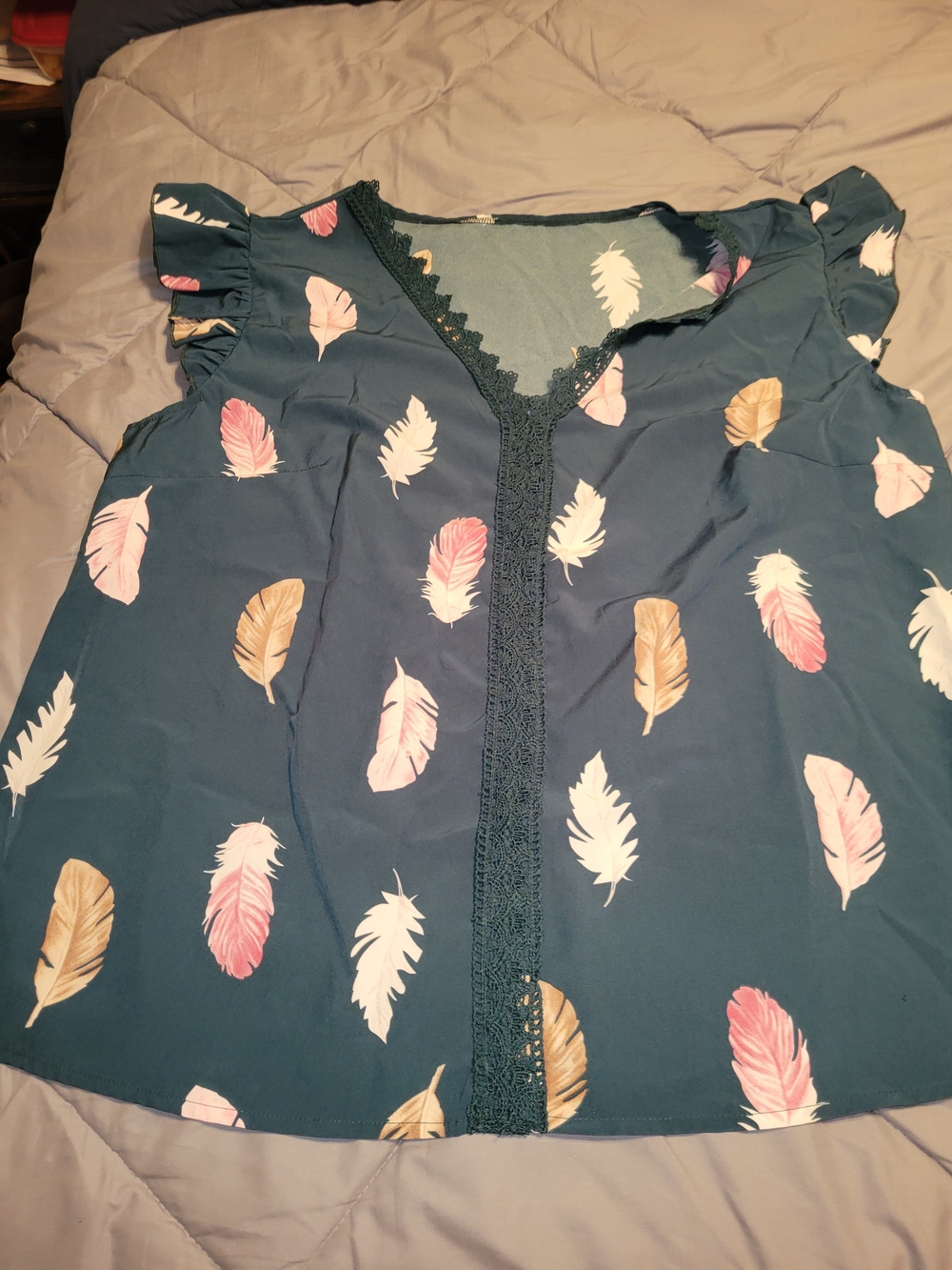 SHEIN Teal Feather-Print V-Neck Cap Sleeve Blouse
